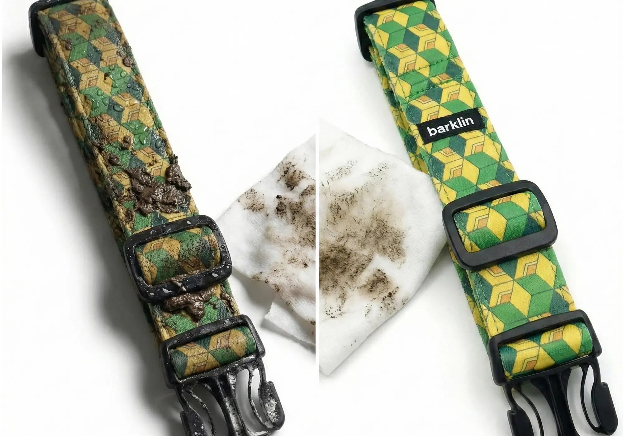 Pixel Grid dog collars, 4 cm width, ECONABLE recycled buckles, shown as object set on studio white background, EU-made.