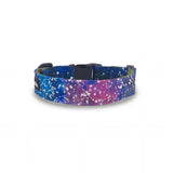 Dog collar in Barklin Cosmic Canvas pattern, standard 2.5 cm width, shown in back arc view to highlight the continuous printed textile pattern and structured collar shape.