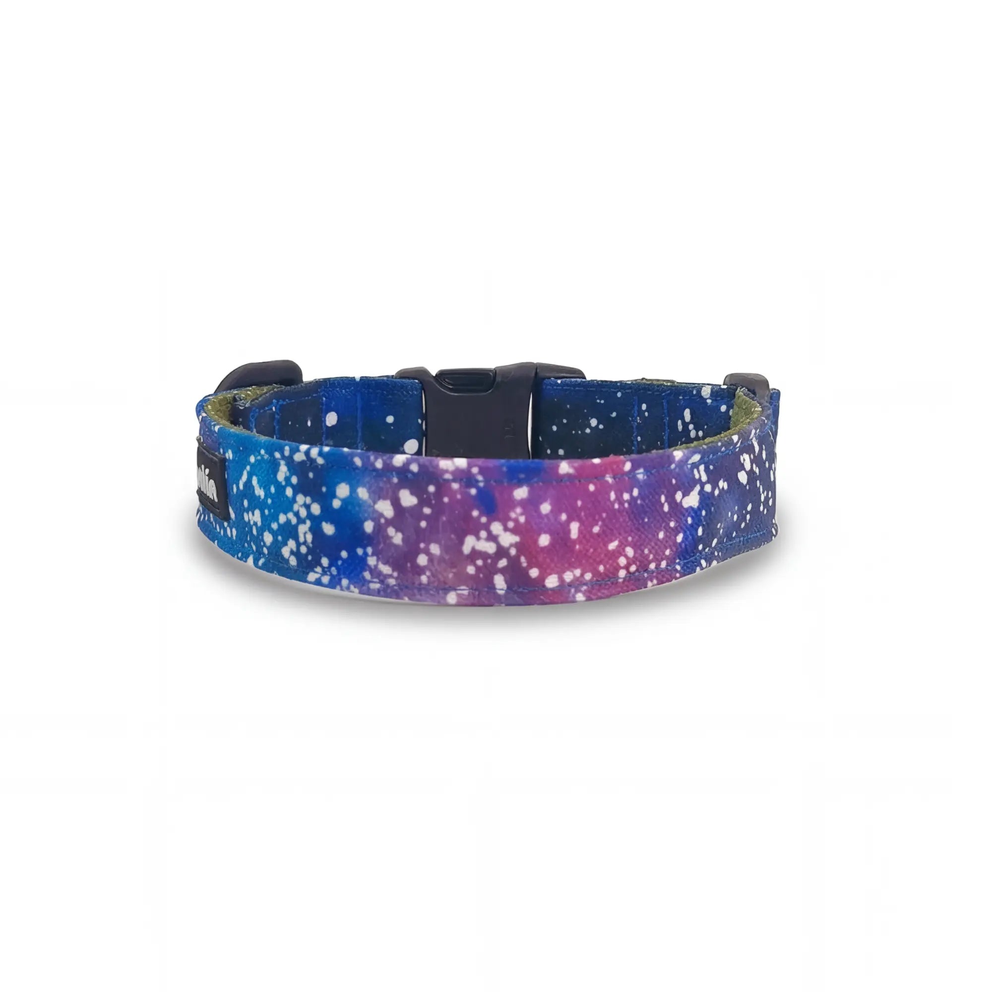 Dog collar in Barklin Cosmic Canvas pattern, standard 2.5 cm width, shown in back arc view to highlight the continuous printed textile pattern and structured collar shape.