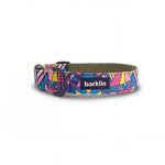 Dog collar in Barklin Electric Tribe pattern, standard 2.5 cm width, shown in front arc view with stitched textile surface, inner webbing, and matte black buckle hardware.