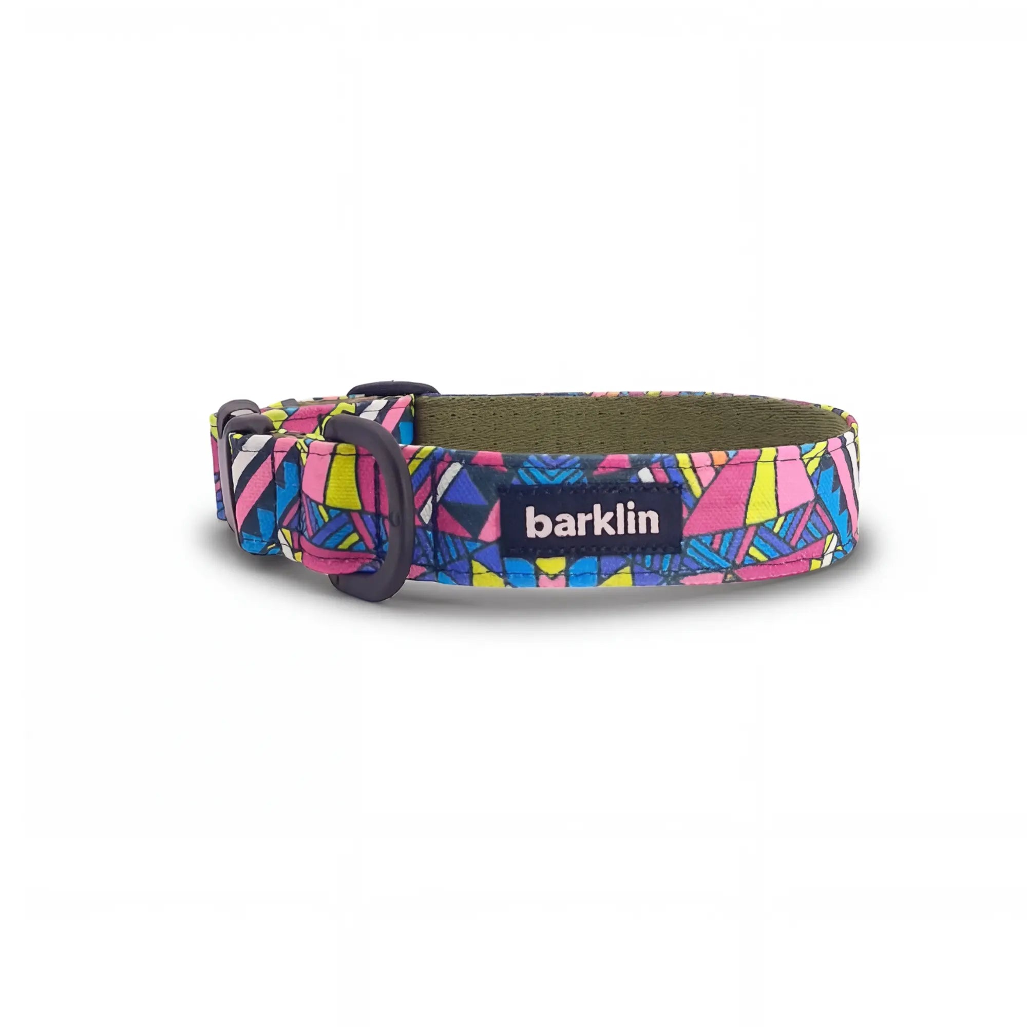 Dog collar in Barklin Electric Tribe pattern, standard 2.5 cm width, shown in front arc view with stitched textile surface, inner webbing, and matte black buckle hardware.