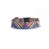Dog collar in Barklin Electric Tribe pattern, standard 2.5 cm width, shown in back arc view to highlight the continuous printed textile pattern and structured collar shape.