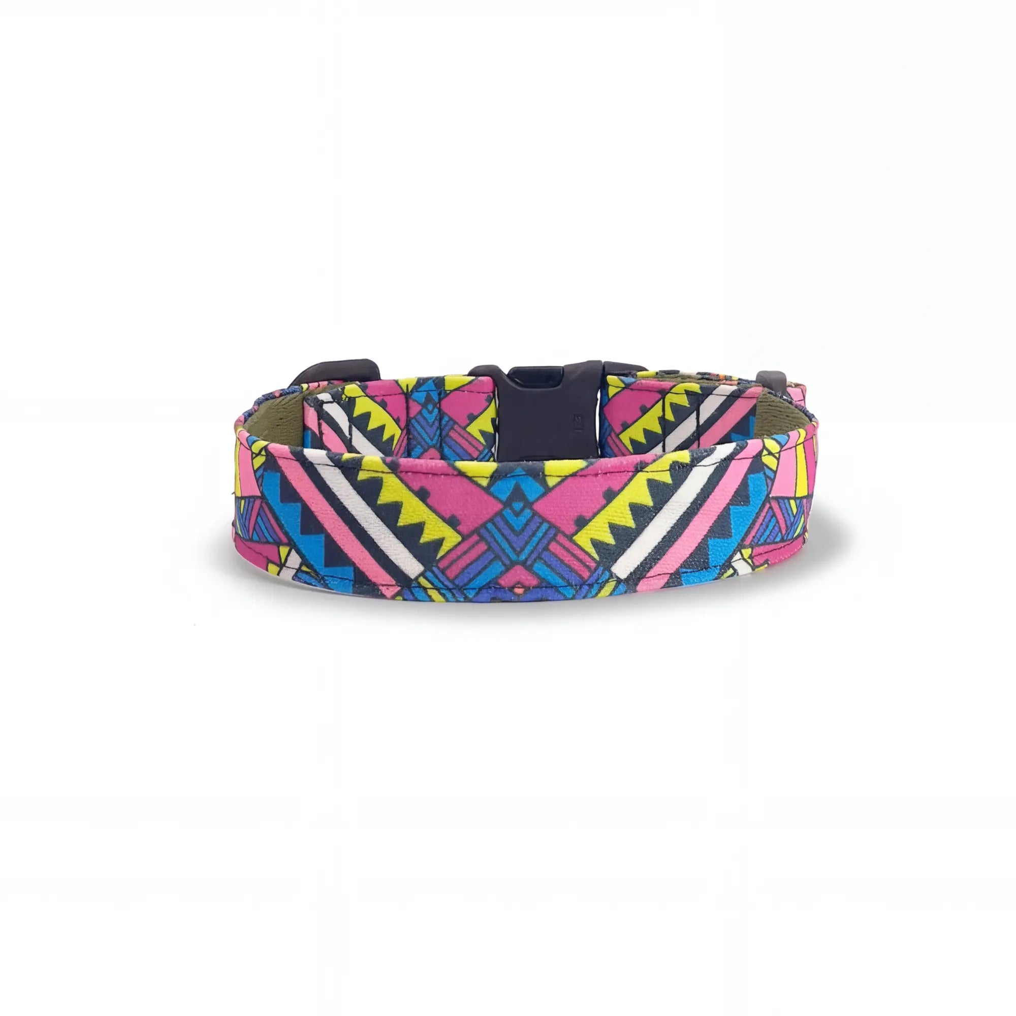 Dog collar in Barklin Electric Tribe pattern, standard 2.5 cm width, shown in back arc view to highlight the continuous printed textile pattern and structured collar shape.
