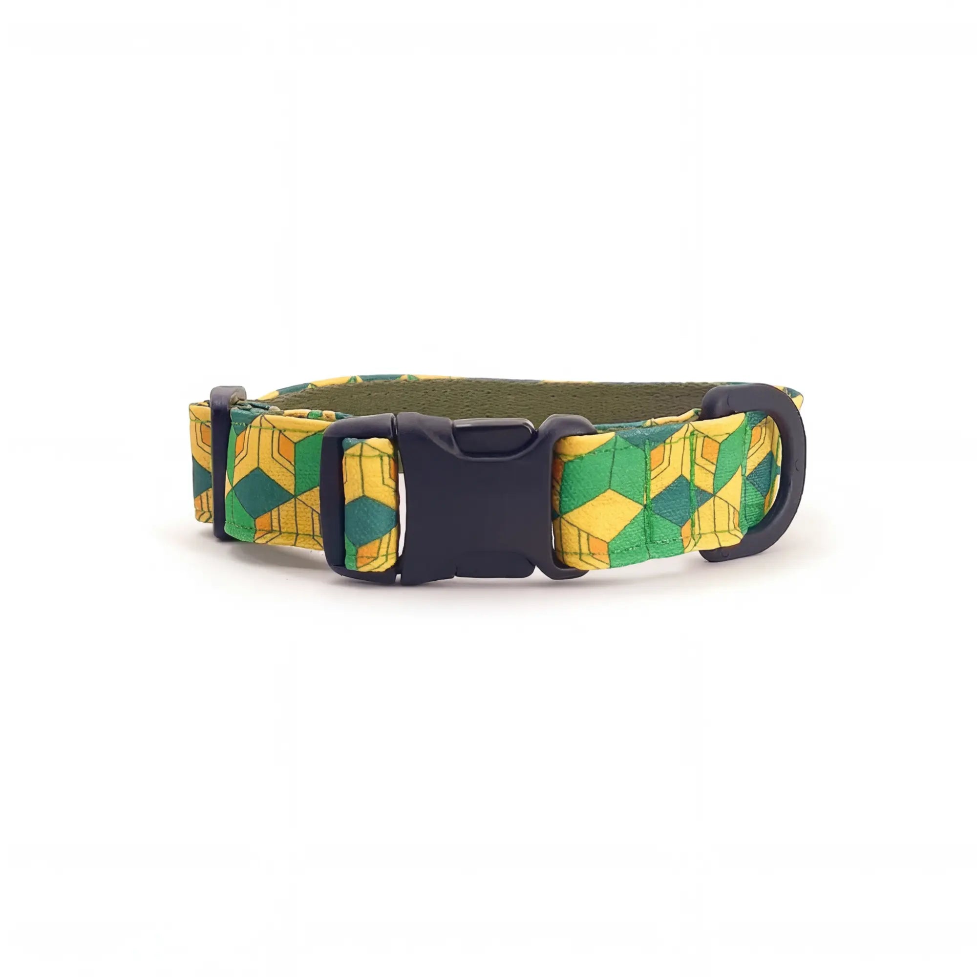 Dog collar in Barklin Pixel Grid pattern, standard 2.5 cm width, shown in front arc view with visible ECONABLE buckle, stitched edges, and clean product structure.