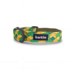Dog collar in Barklin Pixel Grid pattern, standard 2.5 cm width, shown in front arc view with stitched textile surface, inner webbing, and matte black buckle hardware.