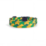 Dog collar in Barklin Pixel Grid pattern, standard 2.5 cm width, shown in back arc view to highlight the continuous printed textile pattern and structured collar shape.