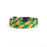 Dog collar in Barklin Pixel Grid pattern, standard 2.5 cm width, shown in back arc view to highlight the continuous printed textile pattern and structured collar shape.
