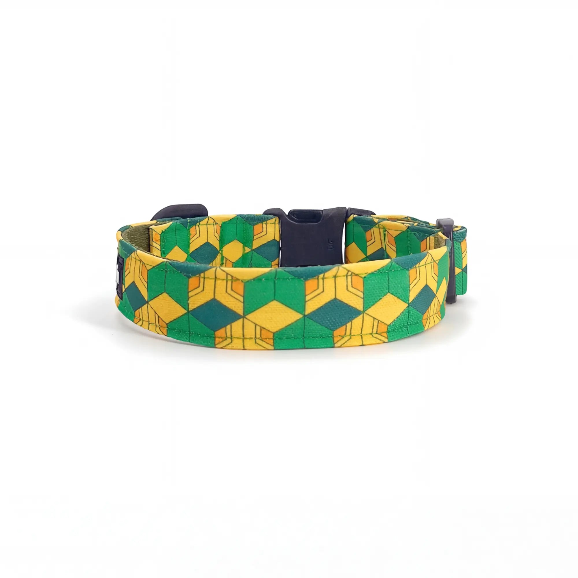 Dog collar in Barklin Pixel Grid pattern, standard 2.5 cm width, shown in back arc view to highlight the continuous printed textile pattern and structured collar shape.