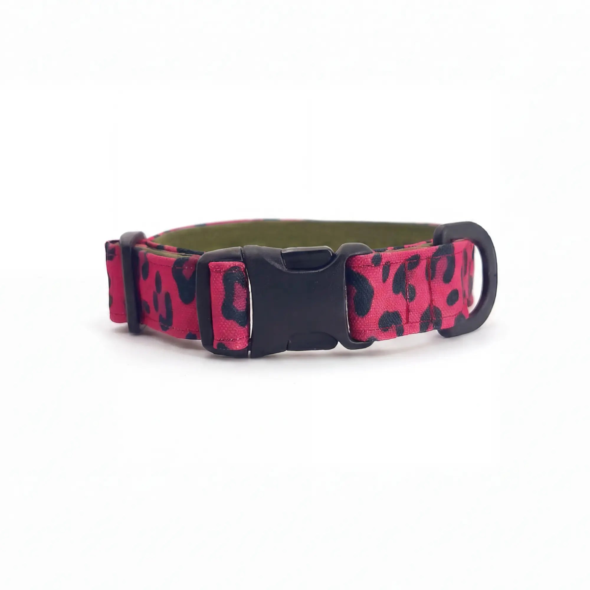 Dog collar in Barklin Pop Leopard pattern, standard 2.5 cm width, shown in front arc view with visible ECONABLE buckle, stitched edges, and clean product structure.