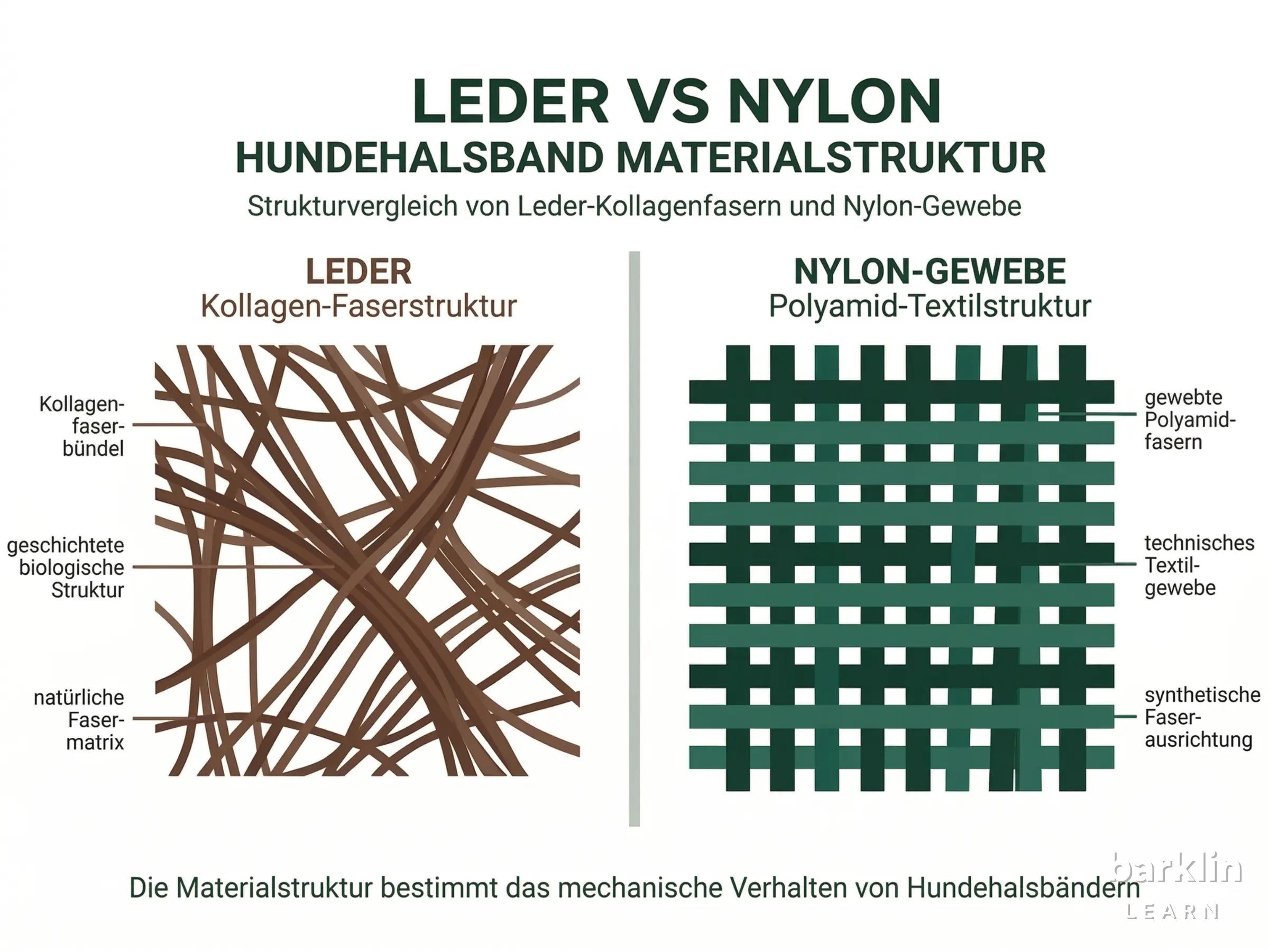 Diagramm zur Materialstruktur von Leder und Nylon im Hundehalsband