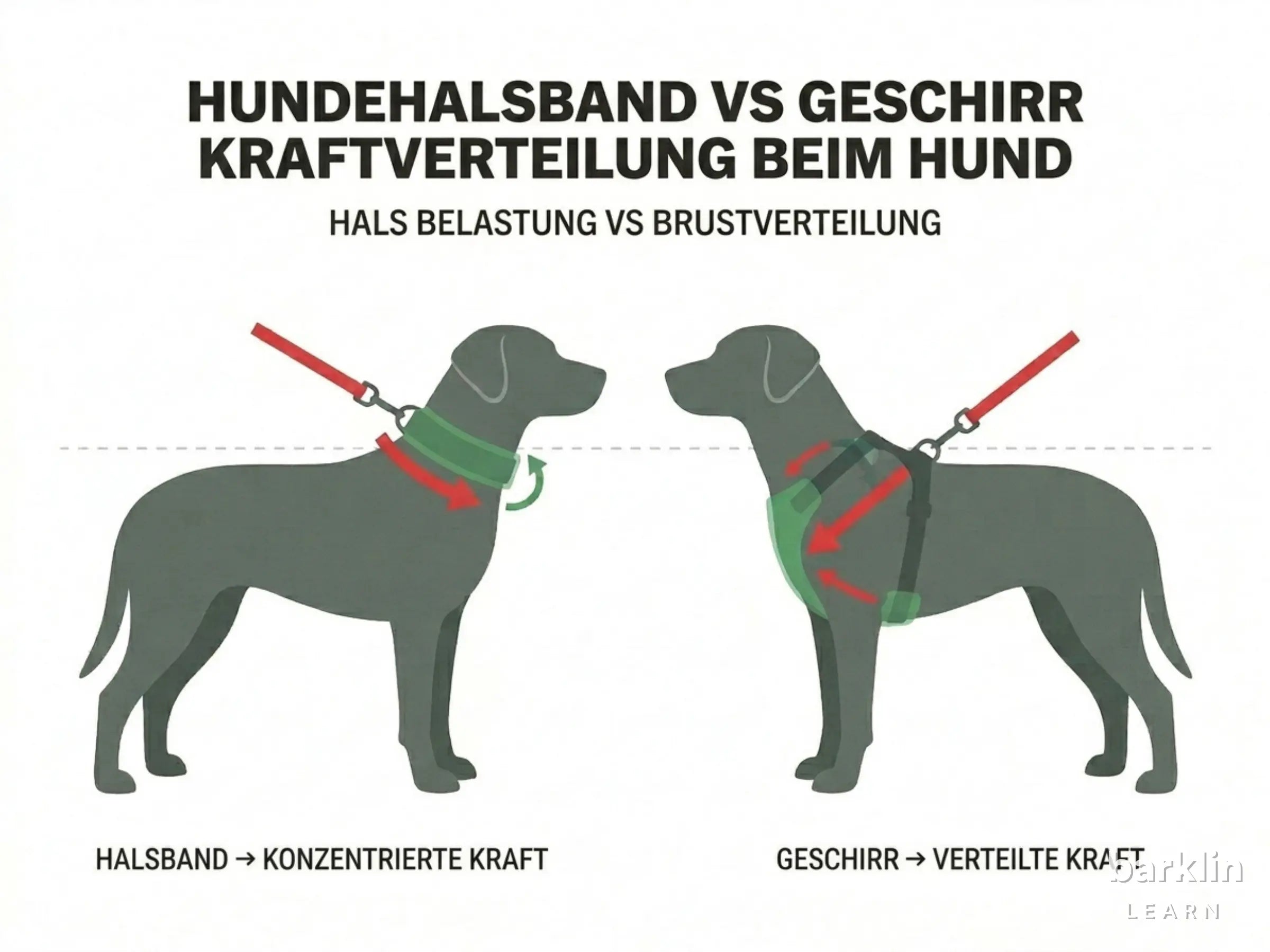 Hundehalsband vs Geschirr Kraftverteilung: Zugkraft am Hals konzentriert vs auf Brustkorb verteilt