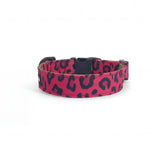 Dog collar in Barklin Pop Leopard pattern, standard 2.5 cm width, shown in back arc view to highlight the continuous printed textile pattern and structured collar shape.