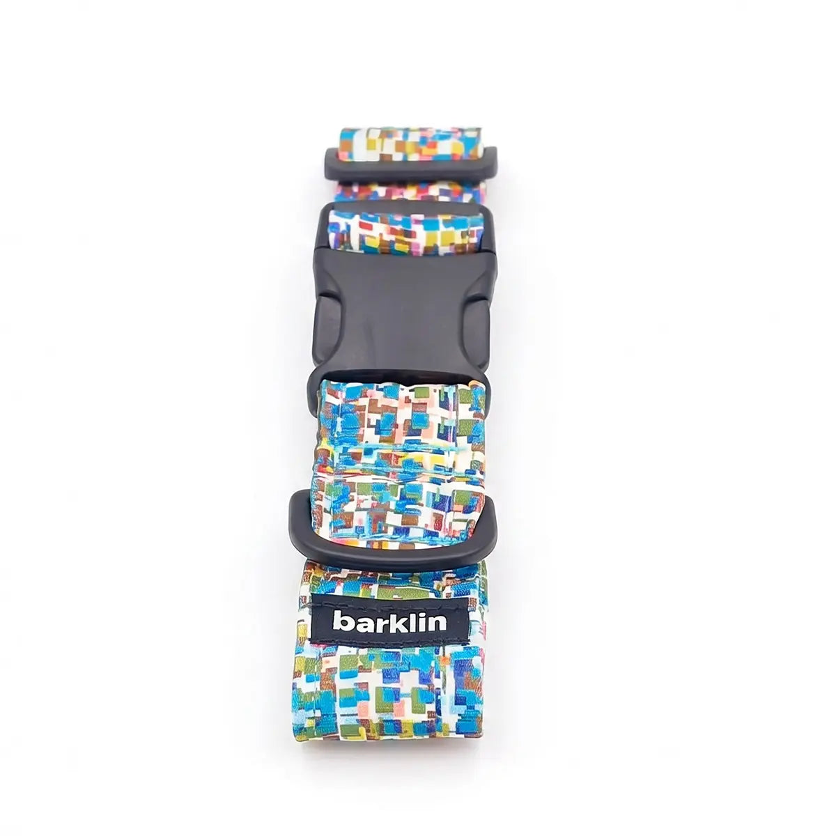 Breites Hundehalsband 4 cm Glitch Muster mit ECONABLE recycelter Nylon Schnalle zeigt Side Release Struktur