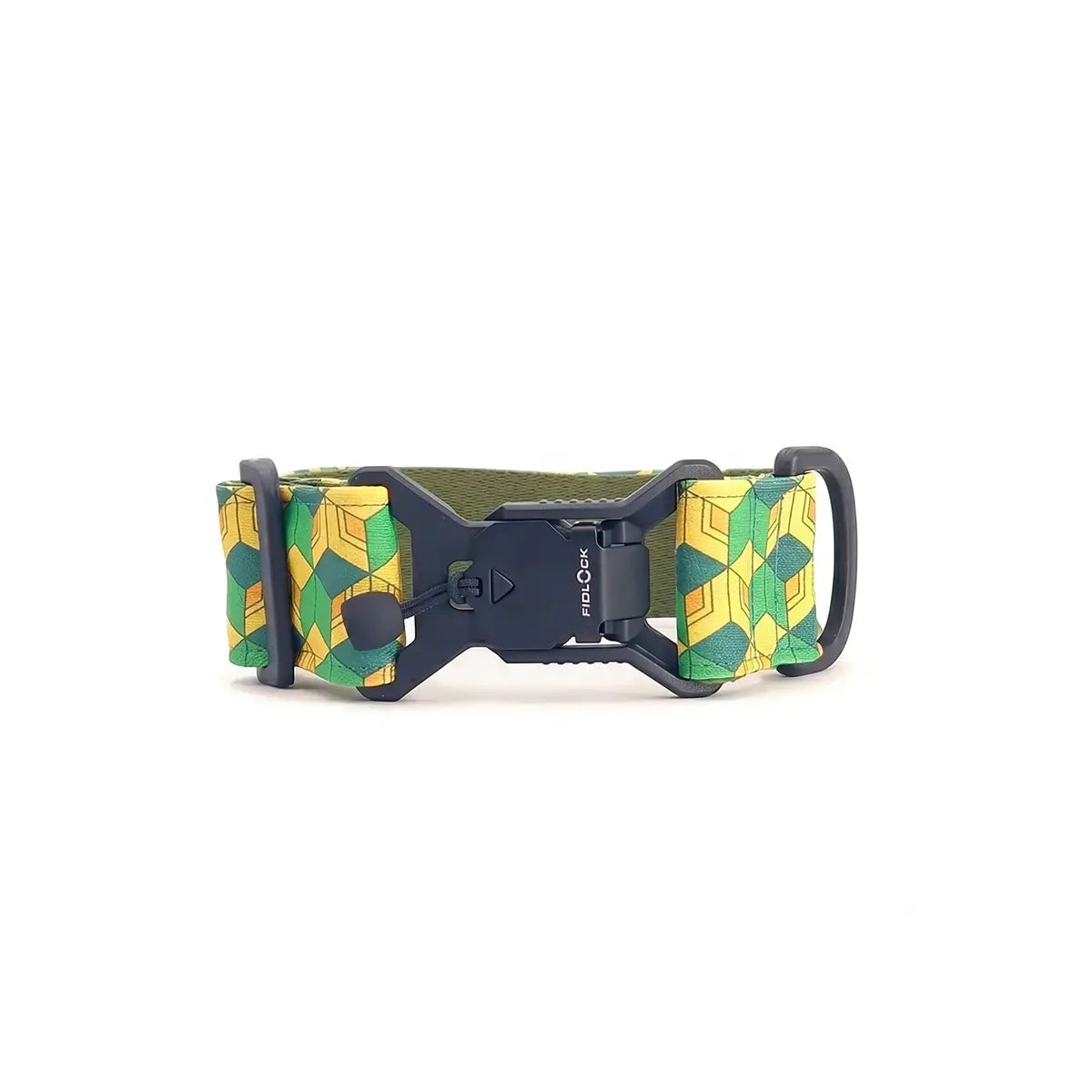 Breites Hundehalsband 4 cm Pixel Grid Muster mit magnetischer Fidlock Schnalle zeigt Verschlussmechanismus